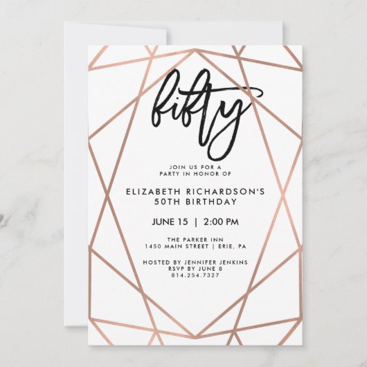 のどのばら色の金ゴールド幾何学的な|の第50誕生会 招待状 (正面)