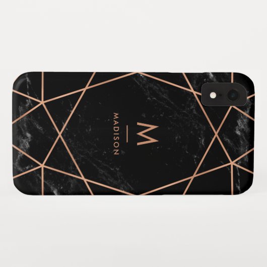のどのばら色の金ゴールドGeometricsの黒い大理石の一見 Case-Mate iPhoneケース (裏面(横))