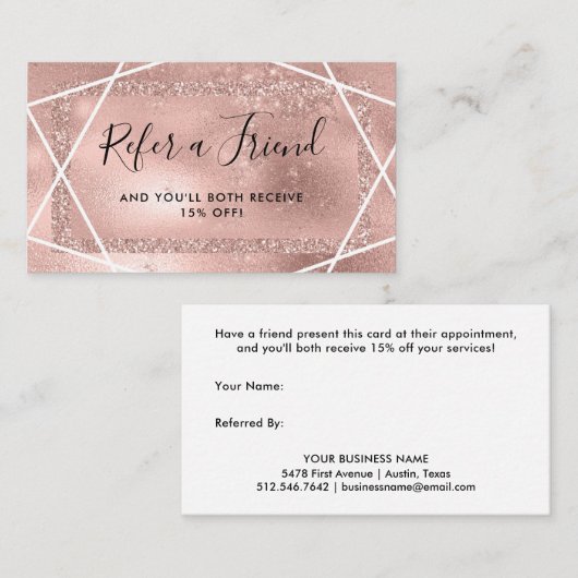 のどの幾何学的なばら色の金ゴールドのグリッターの一見 紹介カード (正面/裏面)