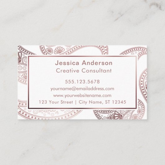 のどの白のばら色の金ゴールドホイルのペイズリーパターン 名刺 (裏面)