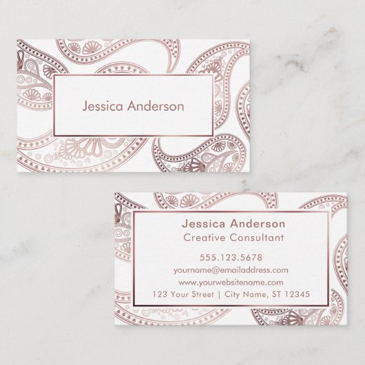 のどの白のばら色の金ゴールドホイルのペイズリーパターン 名刺 (正面/裏面)