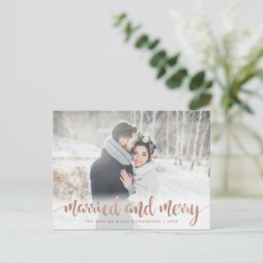 のどの結婚したで、メリーなばら色の金ゴールドのクリスマスの写真| シーズンポストカード (スタンド正面)