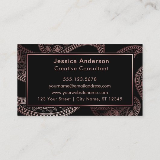 のどの黒のばら色の金ゴールドホイルのペイズリーパターン 名刺 (裏面)
