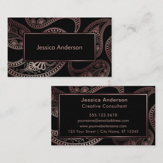のどの黒のばら色の金ゴールドホイルのペイズリーパターン 名刺 (正面/裏面)