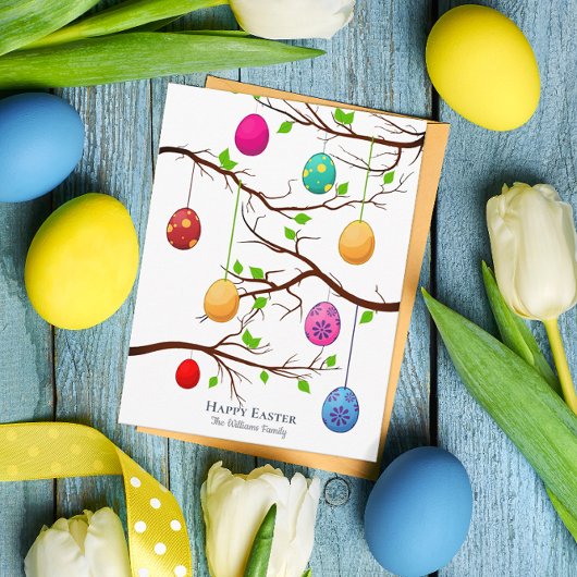 のぶら下がったイースターの卵、春の木の枝 ポストカード
