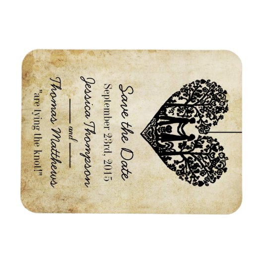 のぶら下がったハートツリーのヴィンテージ結婚式の日付を保存 マグネット (横)