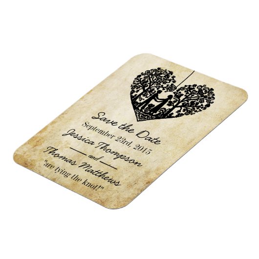 のぶら下がったハートツリーのヴィンテージ結婚式の日付を保存 マグネット (左側)
