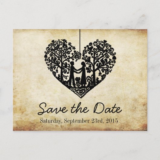 のぶら下がったハートツリーのヴィンテージ結婚式の日付を保存 案内ポストカード (正面)