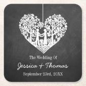 のぶら下がったハートツリーチョーク結婚ボードコレクション スクエアペーパーコースター (正面)