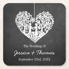 のぶら下がったハートツリーチョーク結婚ボードコレクション スクエアペーパーコースター