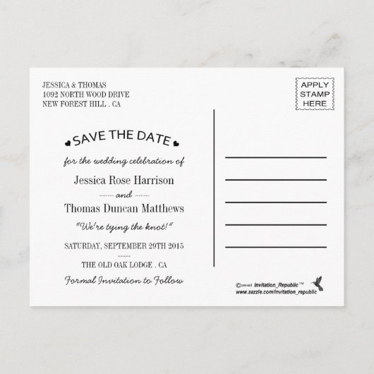 のぶら下がったハートツリーChalkboard日付を保存 案内ポストカード (裏面)