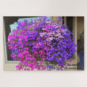 のぶら下がったバスケットピンク紫の花誕生日ギフト ジグソーパズル