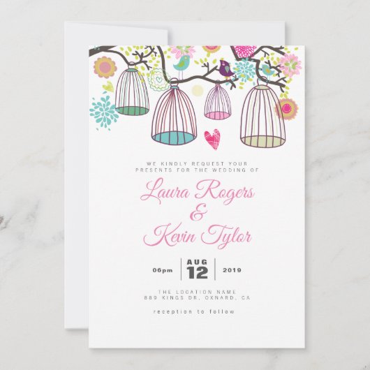 のぶら下がった愛の鳥のケージとレトロの花 招待状 (正面)