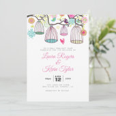 のぶら下がった愛の鳥のケージとレトロの花 招待状 (スタンド正面)