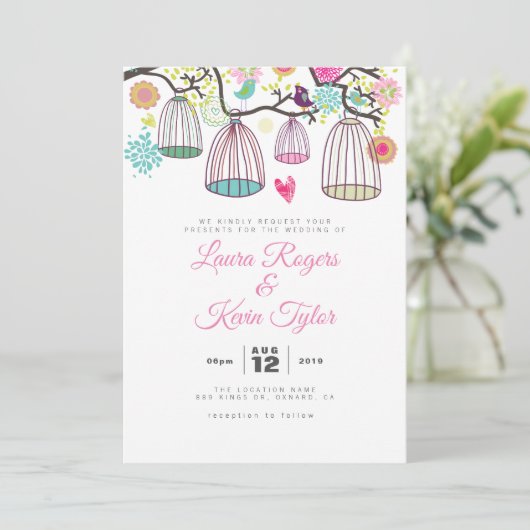 のぶら下がった愛の鳥のケージとレトロの花 招待状 (スタンド正面)