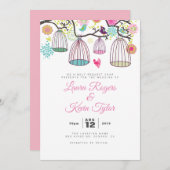 のぶら下がった愛の鳥のケージとレトロの花 招待状 (正面/裏面)