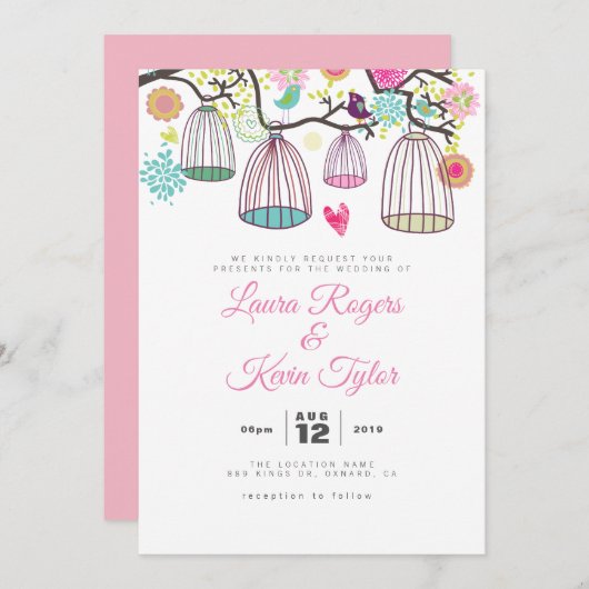 のぶら下がった愛の鳥のケージとレトロの花 招待状 (正面/裏面)