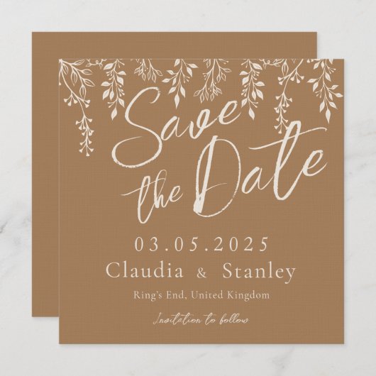 のぶら下がった花模様の葉の暖かいロマンチックなボホ自然 セーブザデート (正面/裏面)