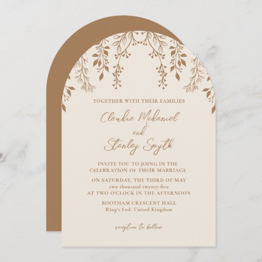 のぶら下がった花模様の葉の暖かいロマンチックなボホ自然 招待状 (正面/裏面)