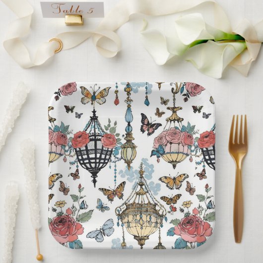 のぶら下がった蝶のシャンデリアフローラ ペーパープレート (ウェディング)