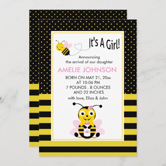 のまわりにの女の赤ちゃんの誕生のAnnoucementカード 案内状 (正面/裏面)