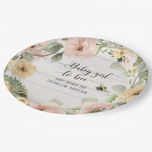 のまわりにイエローピンクフラワーズウォーターカラーベビー ペーパープレート (アングル)