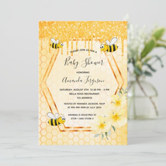 のまわりにグリッタードリップス金ゴールド花模様ベビーシャワー 招待状 (スタンド正面)