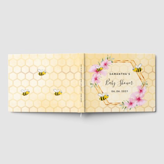 のまわりにハニカムピンクの花模様ベビーシャワー ゲストブック (全面)