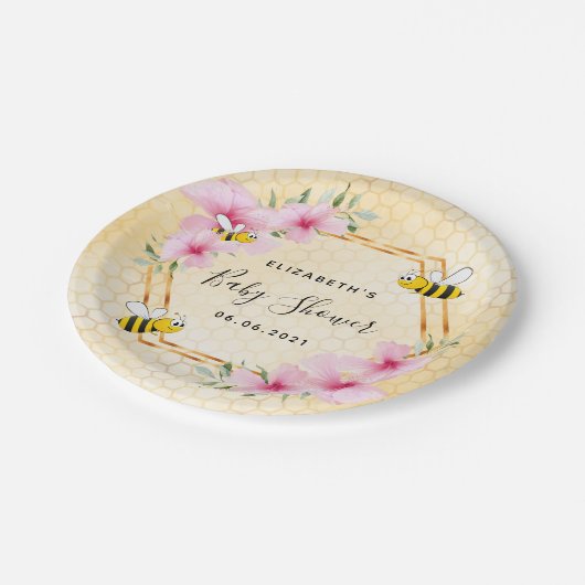 のまわりにハニカムピンクの花模様ベビーシャワー ペーパープレート (アングル)