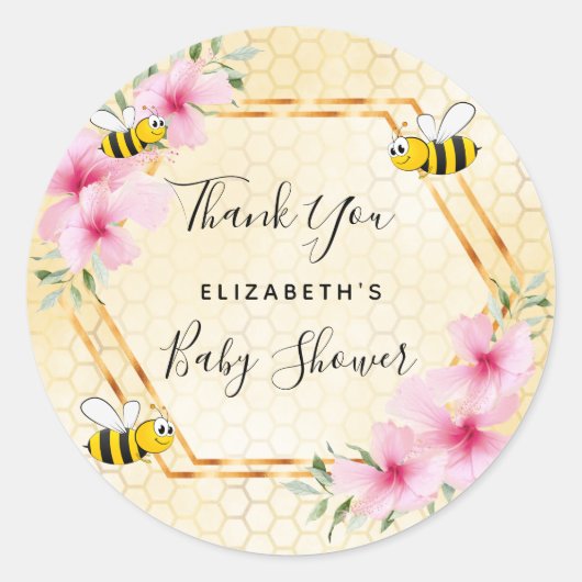 のまわりにハニカムピンクの花模様ベビーシャワー ラウンドシール (正面)