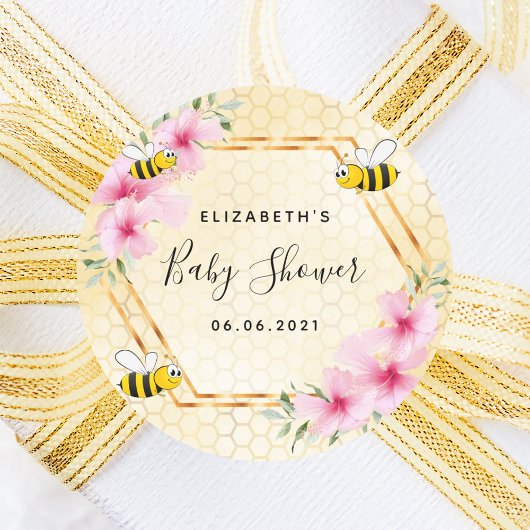 のまわりにハニカムピンクの花模様ベビーシャワー ラウンドシール