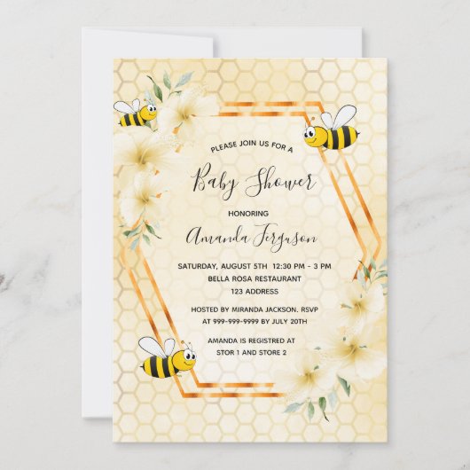 のまわりにハニカム熱帯花模様ベビーシャワー 招待状 (正面)