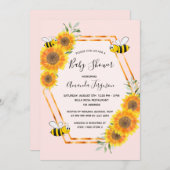 のまわりにバラ金ゴールドピンクひまわり赤ちゃんシャワー 招待状 (正面/裏面)