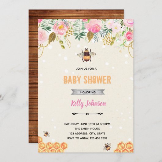 のまわりにピンクフローラの誕生パーティー 招待状 (正面/裏面)