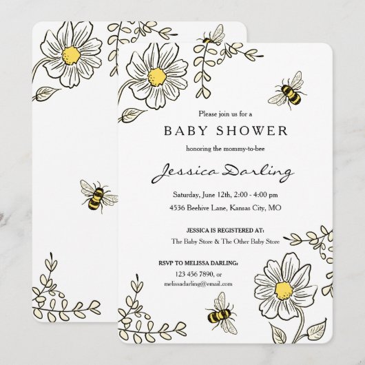 のまわりにベビーシャワー招待状 |黄色のフローラ 招待状 (正面/裏面)