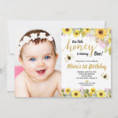 のまわりに娘1歳のピンク色のヒマワリ 招待状 (正面)