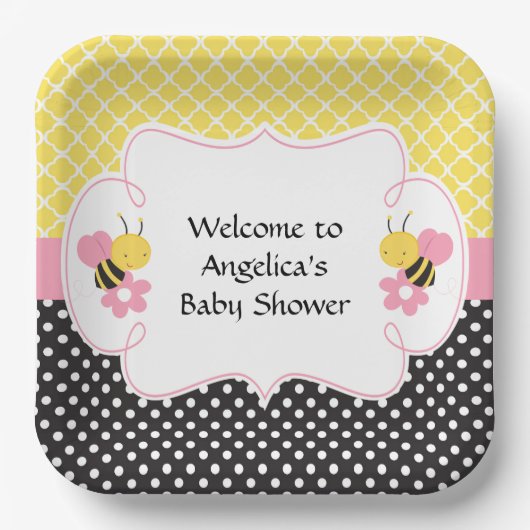 のまわりに黄色と黒の赤ちゃんシャワー（女の子） ペーパープレート (正面)
