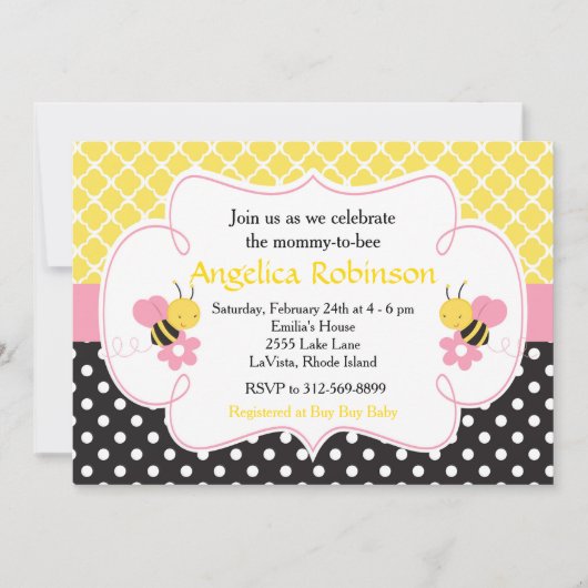 のまわりに黄色と黒の赤ちゃんシャワー(女の子) 招待状 (正面)