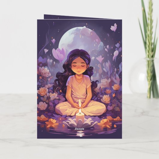 のめい想ヨガガガールクリスタルパープルロータス誕生日 カード (裏面)