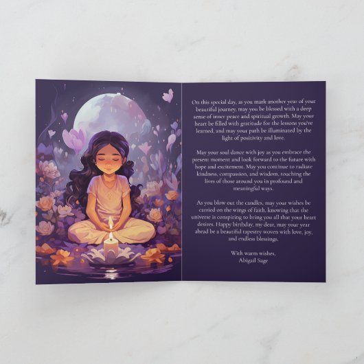 のめい想ヨガガガールクリスタルパープルロータス誕生日 カード (内部)