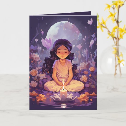 のめい想ヨガガガールクリスタルパープルロータス誕生日 カード (黄色い花)