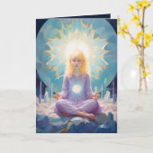 のめい想ヨガガガールクリスタルブルーパープル誕生日 カード (黄色い花)