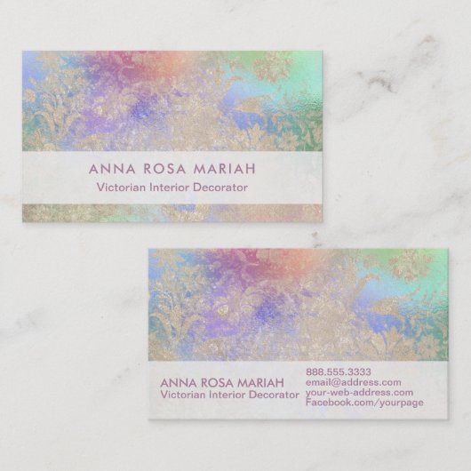 *~*のアイボリーの青いピンクのヴィンテージのアンティークによって老化させるダマスク織 名刺 (正面/裏面)