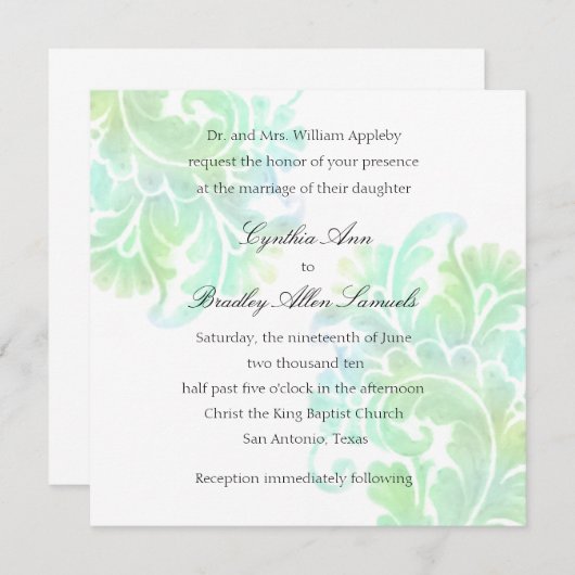 のアクア結婚グリーンウォーターカラーのプルーム 招待状 (正面/裏面)