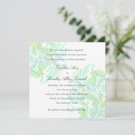 のアクア結婚グリーンウォーターカラーのプルーム 招待状 (スタンド正面)