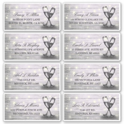 のアドレス結婚シャンパングラス木製ストリングライト シール (正面)