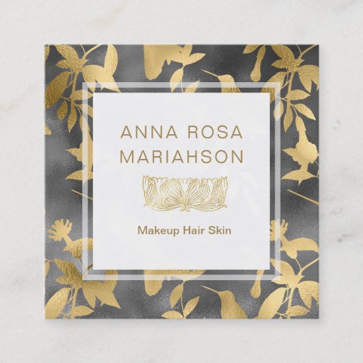 *~*のアールデコの花の金ゴールドの鳥パターン スクエア名刺 (正面)