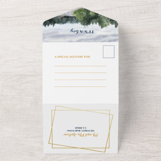 のインスパイア水彩風景ボーイベビーシャワー オールインワン招待状 (外側)