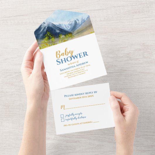 のインスパイア水彩風景ボーイベビーシャワー オールインワン招待状 (貼ってはがせる)