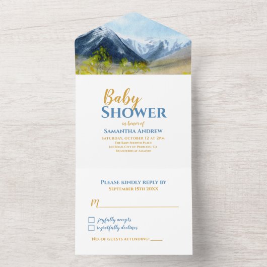 のインスパイア水彩風景ボーイベビーシャワー オールインワン招待状 (内側)